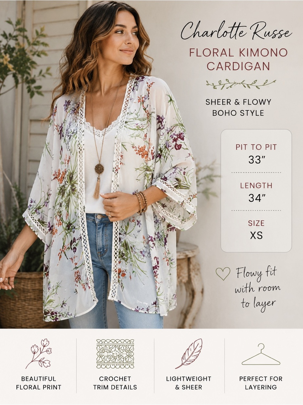 Charlotte Russe Floral Kimono Cardigan Sheer Crochet Trim Boho XS